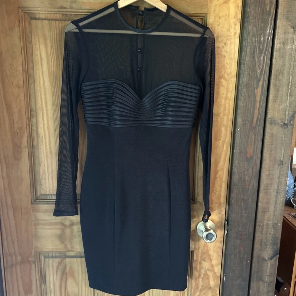 Vintage Chic Black Long Sleeve Mesh Cocktail Knee Length Dress